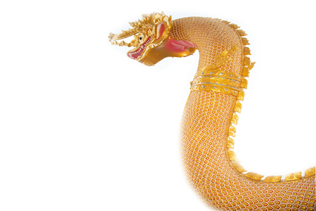 Close up Phraya Nak or Naga sculpture on white background with clipping patch.の写真素材