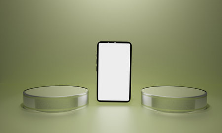 Black cell phone on cylindrical podium, isolated on green background. The position of the phone is different on different platforms and devices. Mini studio 3d.の写真素材