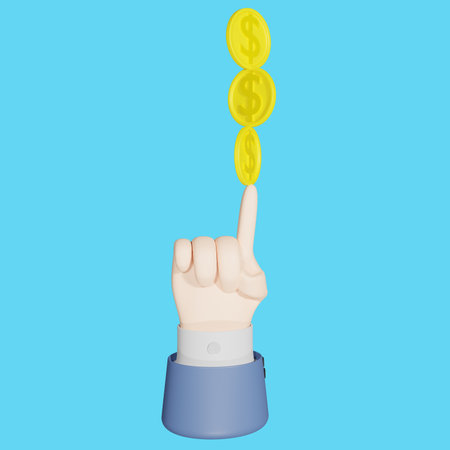 Finger pointing at gold coins on blue background. Vector illustration.の写真素材