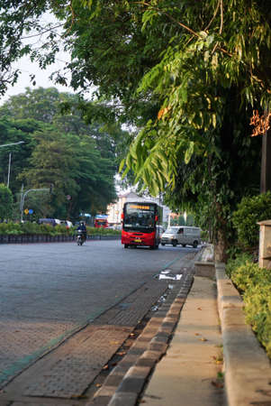 Surakarta, Indonesia â December 20, 2021: A public transportation in the city of Solo called BST (Batik Solo Trans) which serves to transport passengers from one bus stop to another. Perfect for newsのeditorial素材