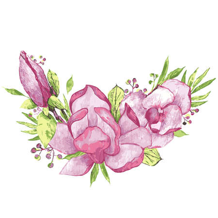 Spring arrangement of watercolor flowers. Blooming magnoliaのイラスト素材
