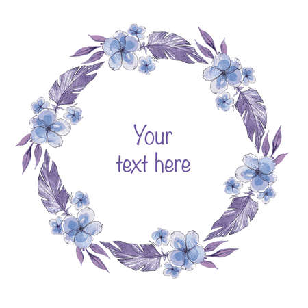 Spring frame made of watercolor flowers and feathers. Blue flowers. Frame for text. Invitation templateのイラスト素材