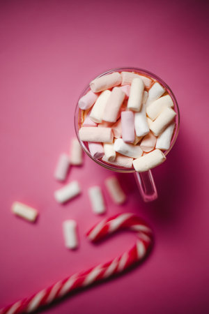 Cocoa with marshmallow with cane candy on pink