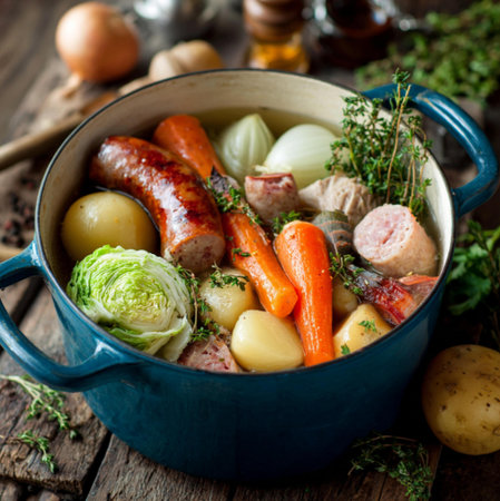 Casserole with sausages and vegetables on a wooden backgroundの素材
