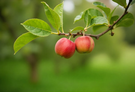 Ripe apples on a branch in the garden. Shallow depth of field.の素材