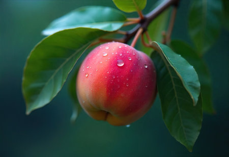 Ripe peaches on a tree branch in the orchard.の素材