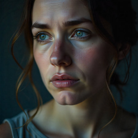 Close-up of a thoughtful womanâs face, expressing sorrow and exhaustion, studio lighting, soft tones, minimal background. (2)の素材