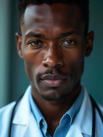Portrait of a young african american male doctor with stethoscopeの素材