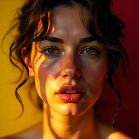 Portrait of a beautiful young brunette woman with makeup on a red background studio shotの素材