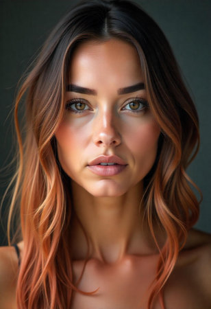 Closeup portrait of a beautiful young woman with long  brown hairの素材