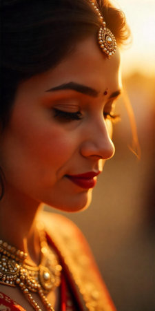 Beautiful Indian bride in traditional dress at sunset. Close up. close eyesの素材