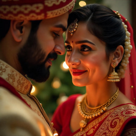 A close-up of an Indian bride and groom, from an Indian wedding, a romantic shot, hugging each otherの素材