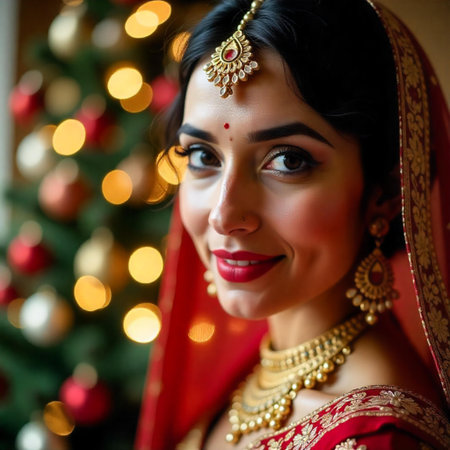 Portrait of beautiful indian woman in sari with christmas tree in backgroundの素材