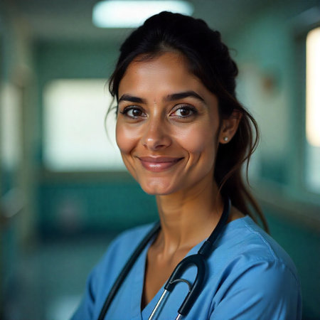 Portrait of smiling female indian doctor with stethoscope in hospital corridorの素材