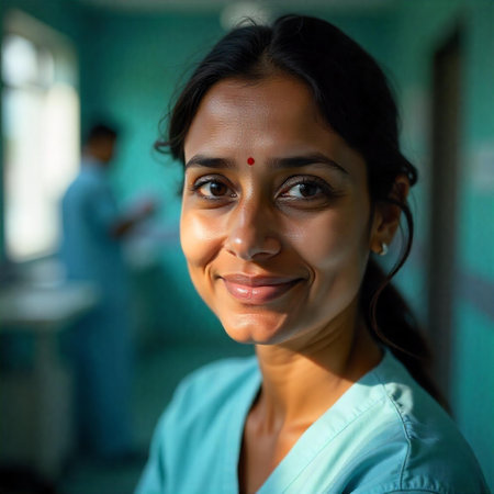 Portrait of a young indian female nurse smiling at the camera in a hospitalの素材