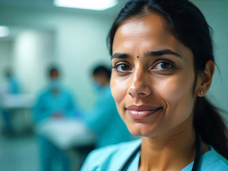 Portrait of a smiling indian female doctor with stethoscope in hospital, In the operating roomの素材