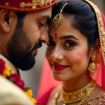 A close-up of an Indian bride and groom, from an Indian wedding, a romantic shot, hugging each otherの素材
