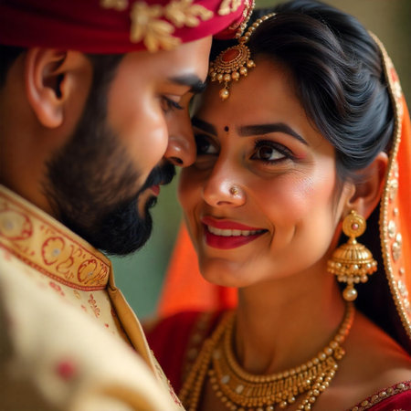 Portrait of indian couple in traditional clothing, bride and groom, wedding indian day.の素材