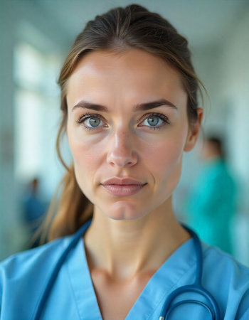 Portrait of smiling woman european nurse looking at camera in corridor of hospital, bright daylight, blurred background, looking at camera in corridor of hospitalの素材