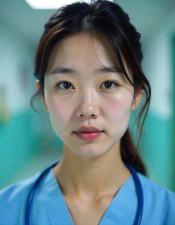 korean nurse's face, close-up, smiling slightly, bright daylight, hospital environment blurred background.の素材