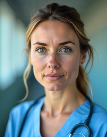 Portrait of smiling woman european nurse looking at camera in corridor of hospital, bright daylight, hospital environment blurred background, with stethoscope looking at cameraの素材