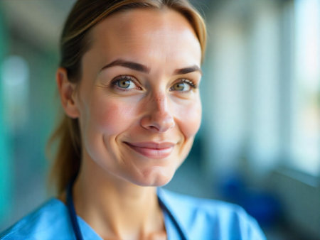 Portrait of smiling woman european nurse looking at camera in corridor of hospital, bright daylight, hospital environment blurred background, with stethoscope on her neckの素材