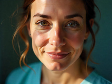 Portrait of smiling woman european nurse looking at camera in corridor of hospital, bright daylight, hospital environment blurred background.の素材