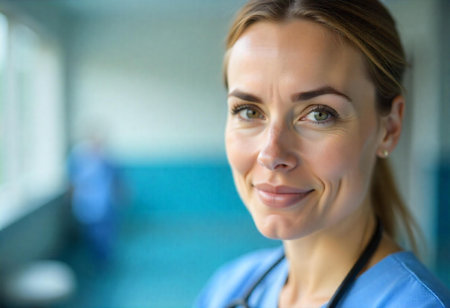 blond nurse's face, close-up, smiling slightly, bright daylight, hospital environment blurred background. in scrubs looking at cameraの素材