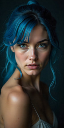 Intimate portrait of a blue-haired woman, ponytail hair, studio backdrop, focused eyes, subtle rim light, contemplative mood.の素材