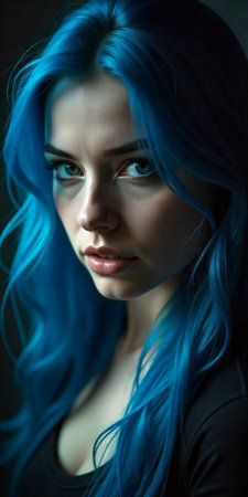 Portrait of a beautiful girl with blue hair on a dark background, looking at camera, studio backgroundの素材