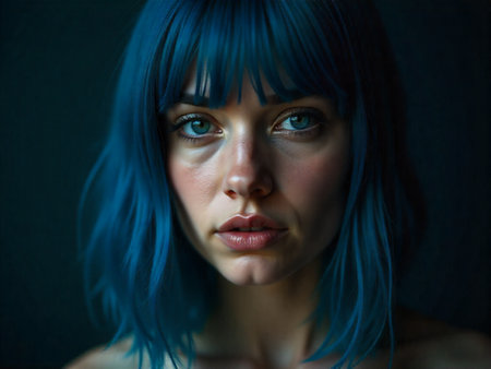 Beautiful young woman with blue hair and blue eyes. Close-up portrait, dark backgroundの素材