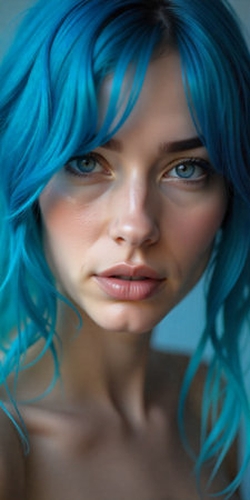 Close-up portrait of a beautiful young woman with blue hair.の素材
