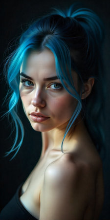 Intimate portrait of a blue-haired woman, ponytail hair, studio backdrop, focused eyes, subtle rim light, contemplative mood.の素材