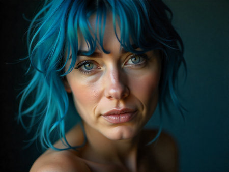 Intimate portrait of a blue-haired woman, ponytail hair, studio backdrop, focused eyes, subtle rim light, contemplative mood.の素材