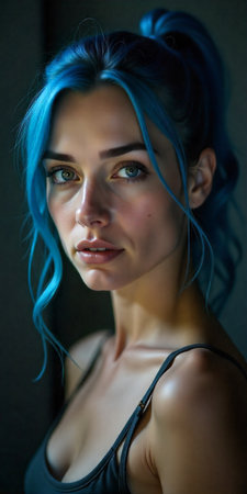Intimate portrait of a blue-haired woman, ponytail hair, studio backdrop, focused eyes, subtle rim light, contemplative mood.の素材