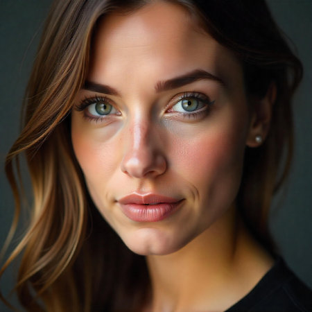 Closeup portrait of a beautiful woman with green eyes and brown hair, studio shot, Generative AI.の素材