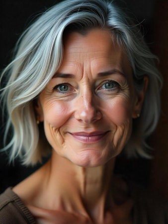 Portrait of a beautiful senior woman with gray hair and blue eyesの素材