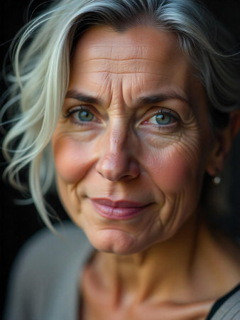 Portrait of a middle-aged woman with grey hair and green eyes, 50 year old, studio shot, smilling, Generative AI.の素材