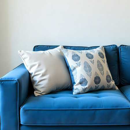 blue sofa with pillows in living room, interior design concept.の素材