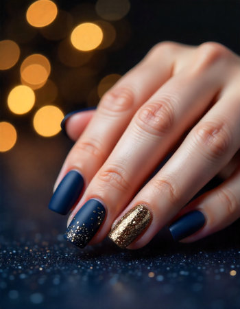a close-up of a hand with meticulously manicured nails in a dark blue matte finish, decorated with sparkling gold accents, set against a bokeh background.の素材