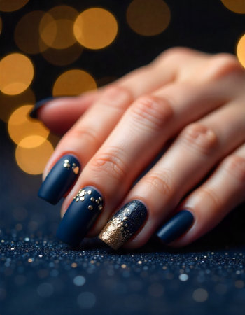 a close-up of a hand with meticulously manicured nails in a dark blue matte finish, decorated with sparkling gold accents, set against a bokeh background.の素材