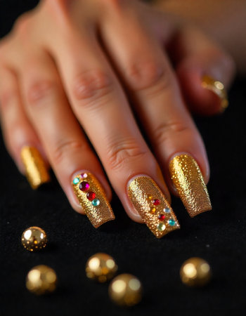 A close-up photograph a hand with elaborately decorated, long  rectangular fingernails covered in golden glitter and embellished with colorful gems.1の素材