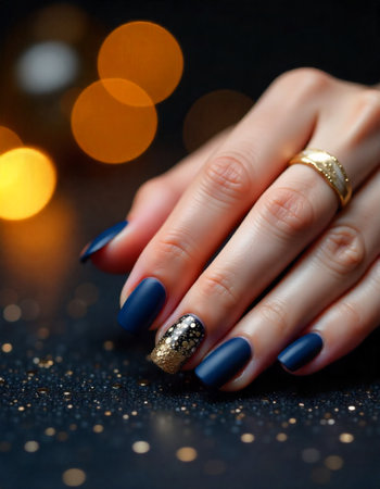 Female hand with dark blue nail design. Glitter bokeh background.の素材