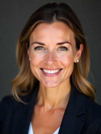 Portrait of a beautiful businesswoman smiling at the camera on a gray backgroundの素材