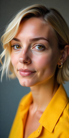 Portrait of a beautiful blonde girl in a yellow shirt on a gray backgroundの素材