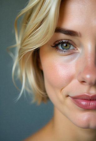studio portrait close-up on one brown eye and expression, short layered blonde hair, light eyebrow detail, fair warm skin, yellow shirt edge.の素材
