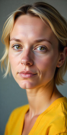 Blonde woman hair very short yellow on the background of the studio, light eyebrow detail, fair warm skin, yellow shirt edge.の素材