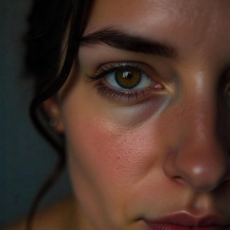 studio portrait close-up on one brown eye and expression, short layered brown hair, light eyebrow detail, fair warm skin.の素材