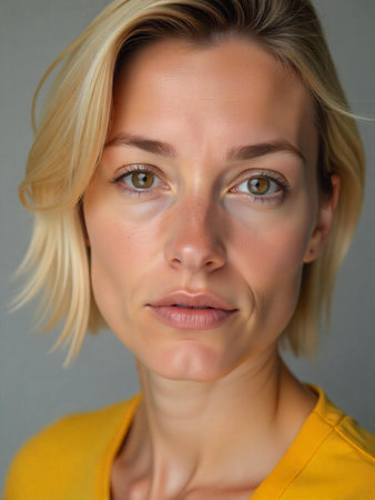 Blonde woman hair very short yellow on the background of the studio, light eyebrow detail, fair warm skin, yellow shirt edge.の素材