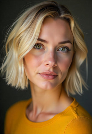Blonde woman hair very short yellow on the background of the studio, light eyebrow detail, fair warm skin, yellow shirt edge.の素材